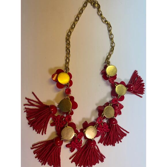 J. Crew holiday red honeymoon flower floral tassel statement runway necklace - Picture 6 of 6